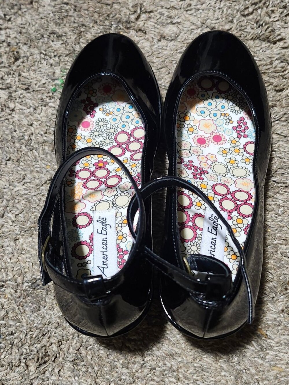 American Eagle Black Mary Jane Dress Shoes EUC Floral Inside Girls Size 6 Cute!
